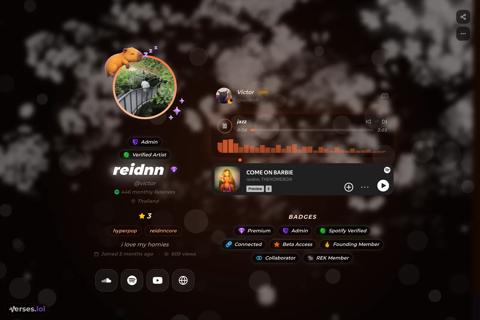 The verses.lol profile of @victor — bokeh background, decorated avatar, Discord presence, audio player and badges